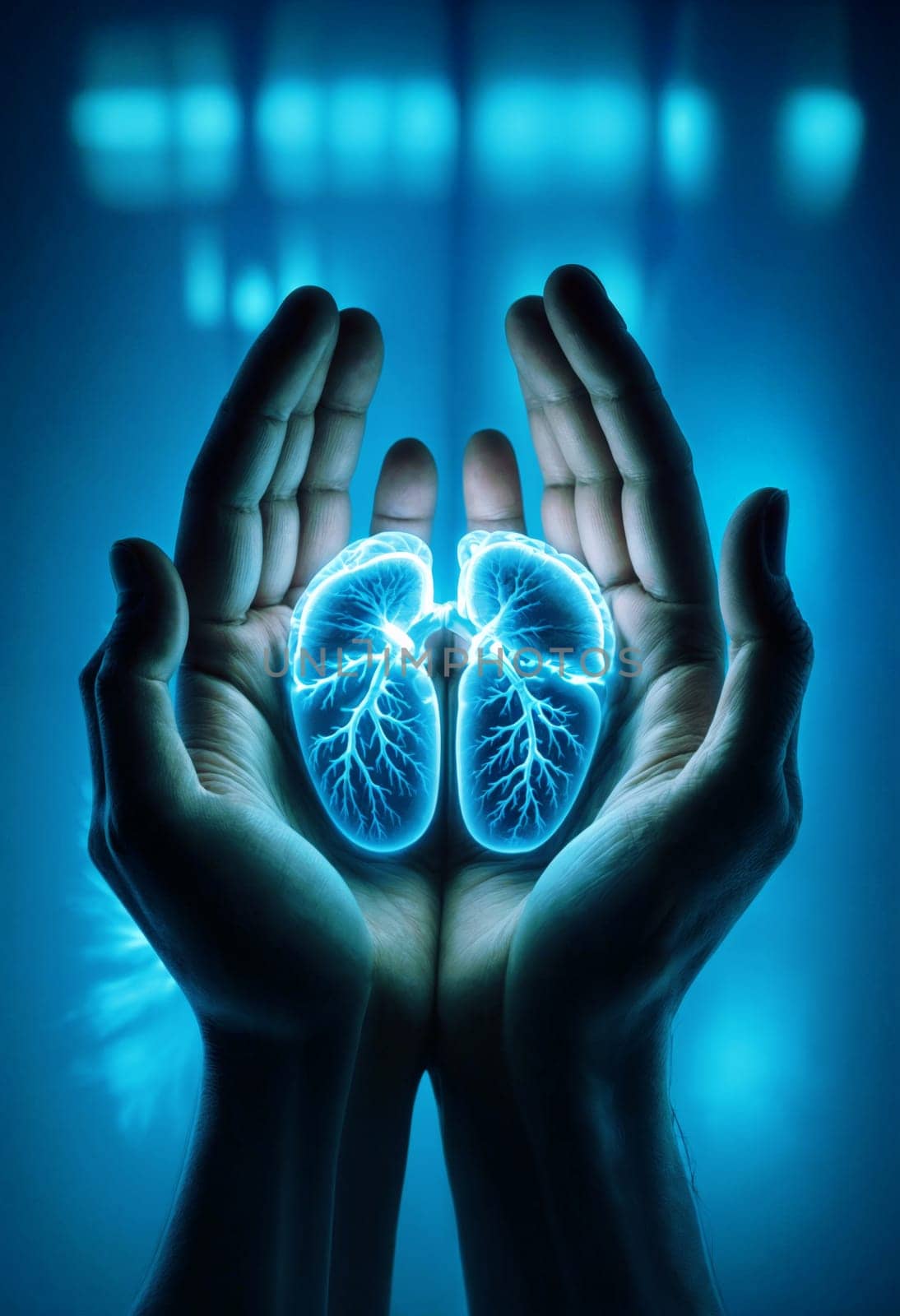 AI generated of hands holding a glowing heart in front of a blue background