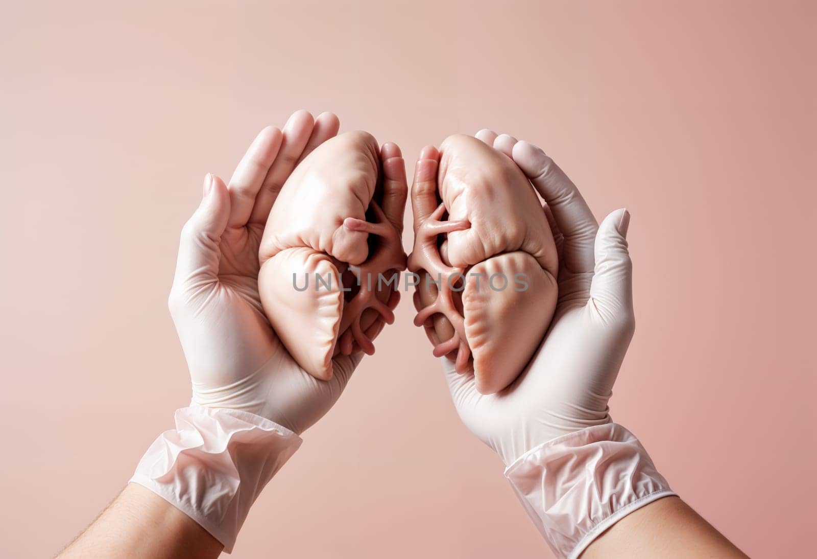 AI generated of a pair of doctor hands with gloves holding a human heart
