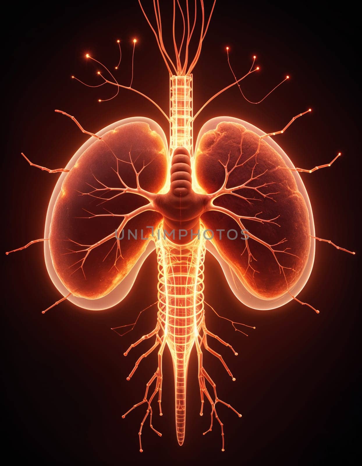 AI generated of the human lungs are shown in glowing neon