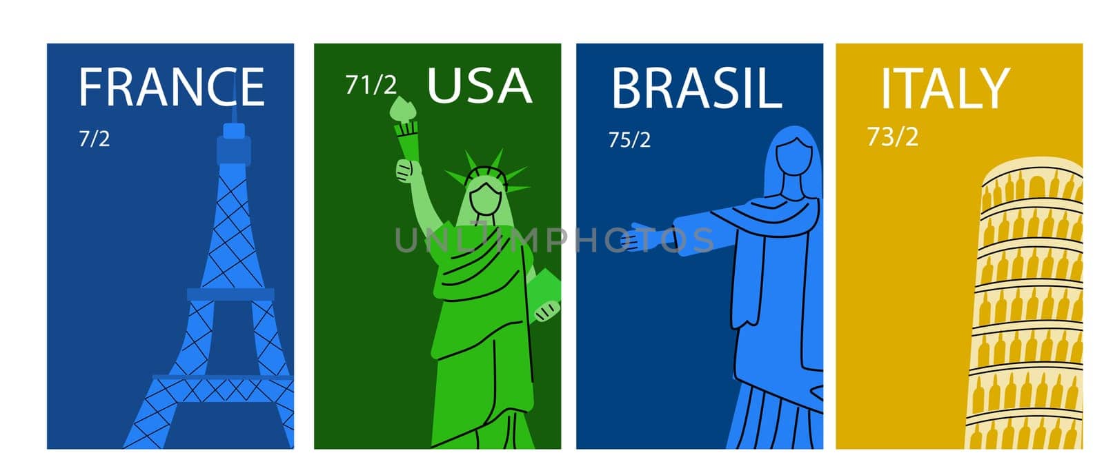 Travel destinations Paris and New York posters set with famous outside elements.