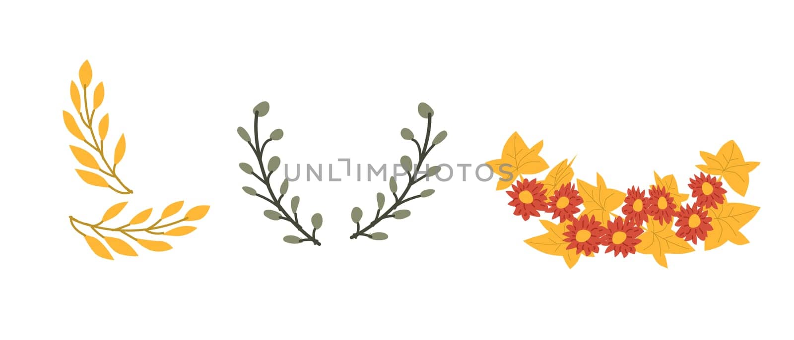 Autumn fall thanksgiving leaves composition for decoration, holiday greeting cards elements with mushroom and flowers