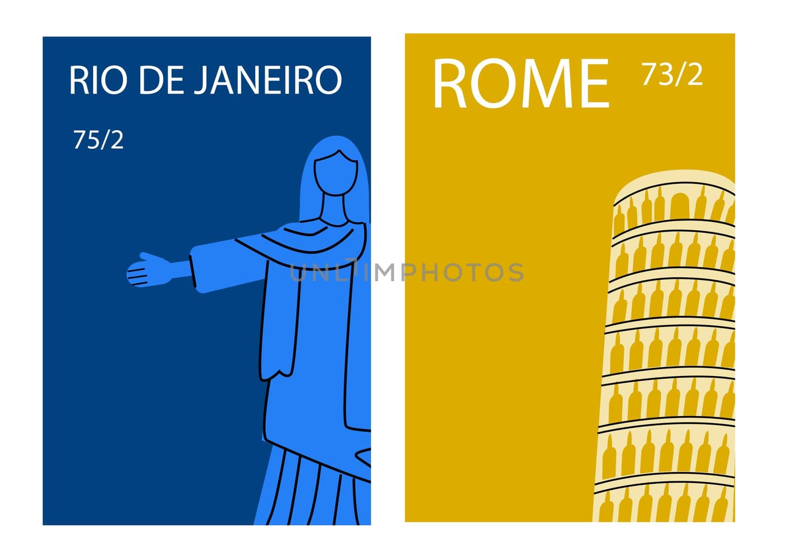 Travel destinations Rome and Rio de Janeiro posters set with famous outside elements.