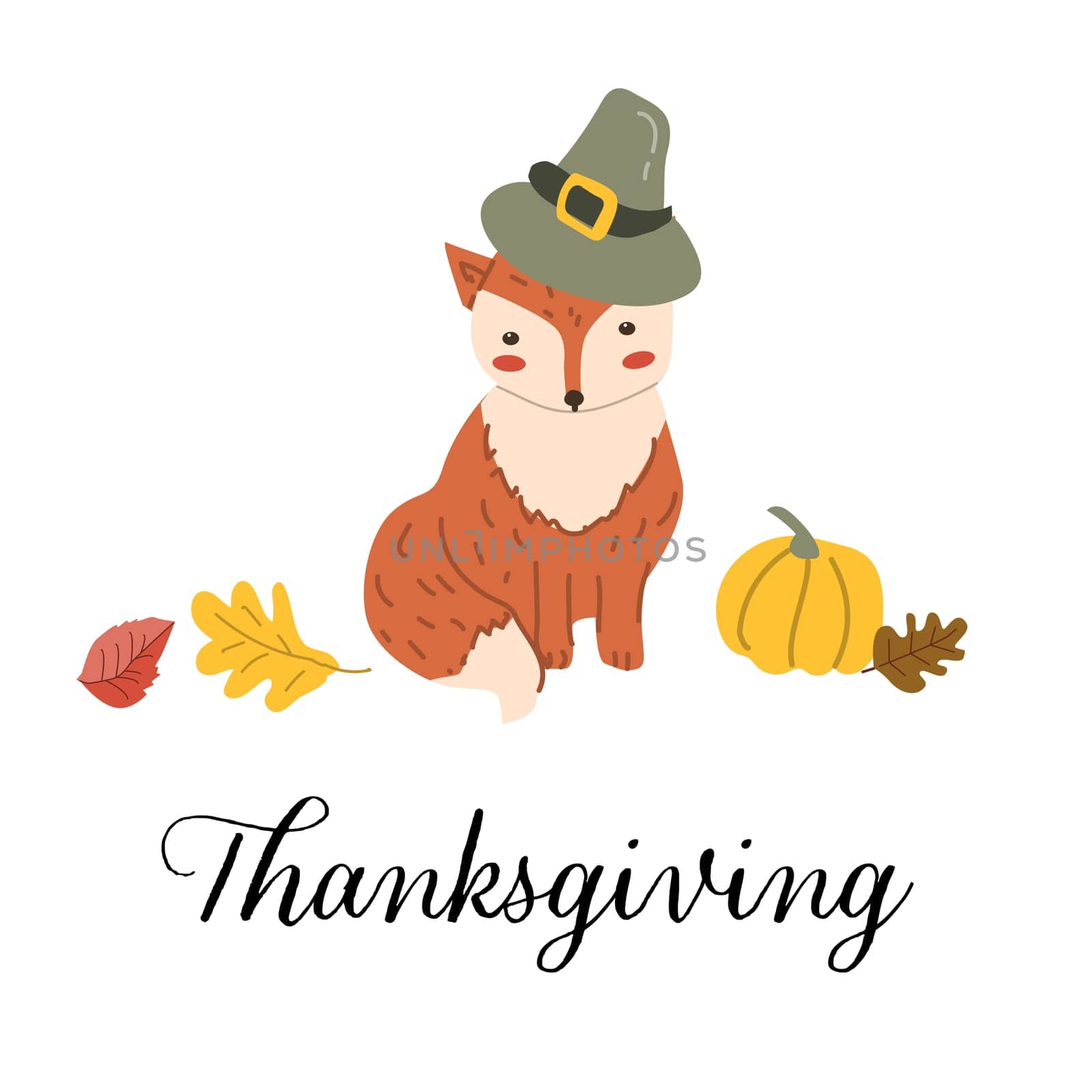 Autumn fall thanksgiving animal character fox with fall leaves and harvest. Wild animal greeting card for thanksgiving holiday, autumn festival, harvest celebration design.