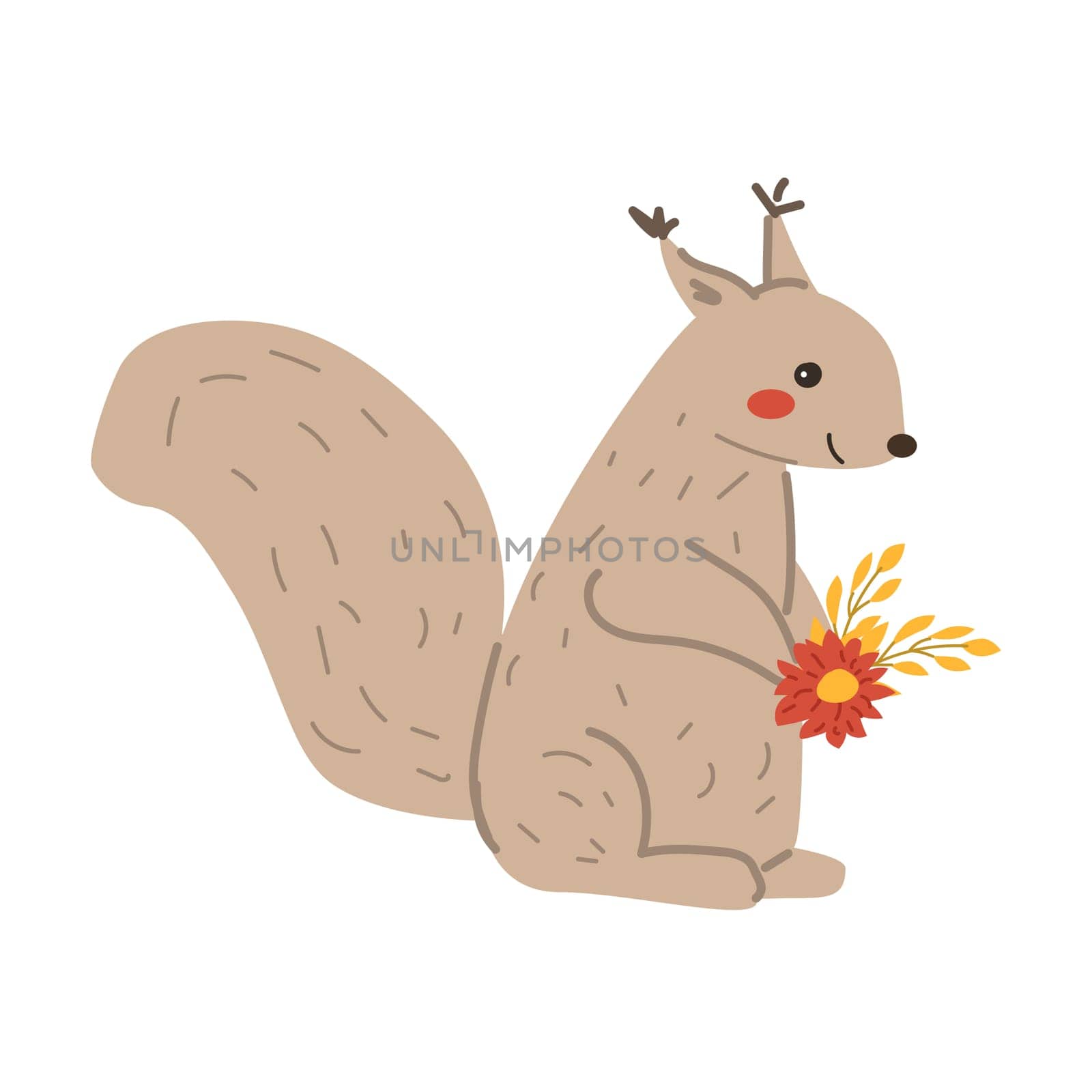 Autumn fall thanksgiving animal character with fall leaves and harvest. Wild animal greeting card for thanksgiving holiday, autumn festival, harvest celebration design.