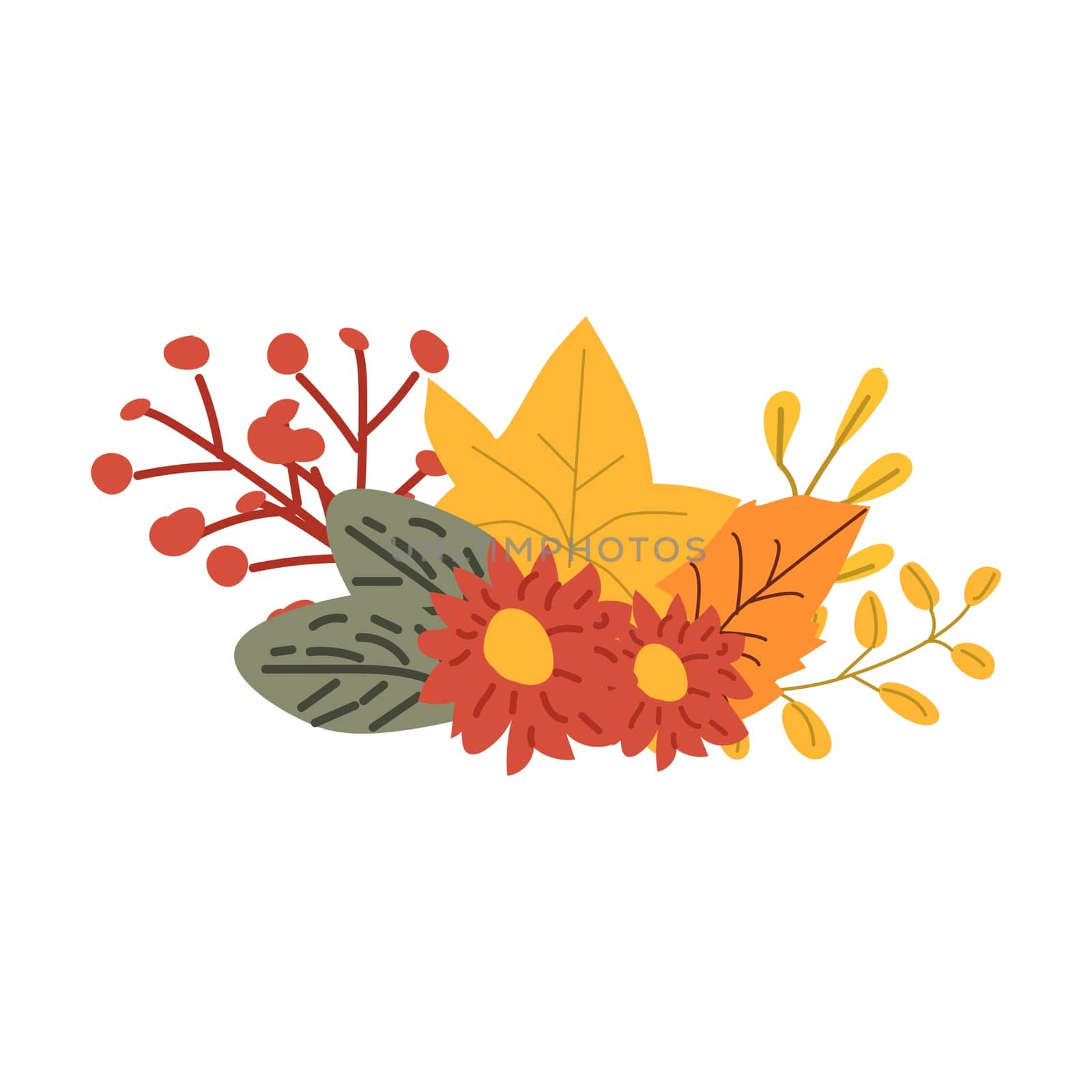 Autumn fall thanksgiving leaves composition for decoration, holiday greeting cards elements with mushroom and flowers