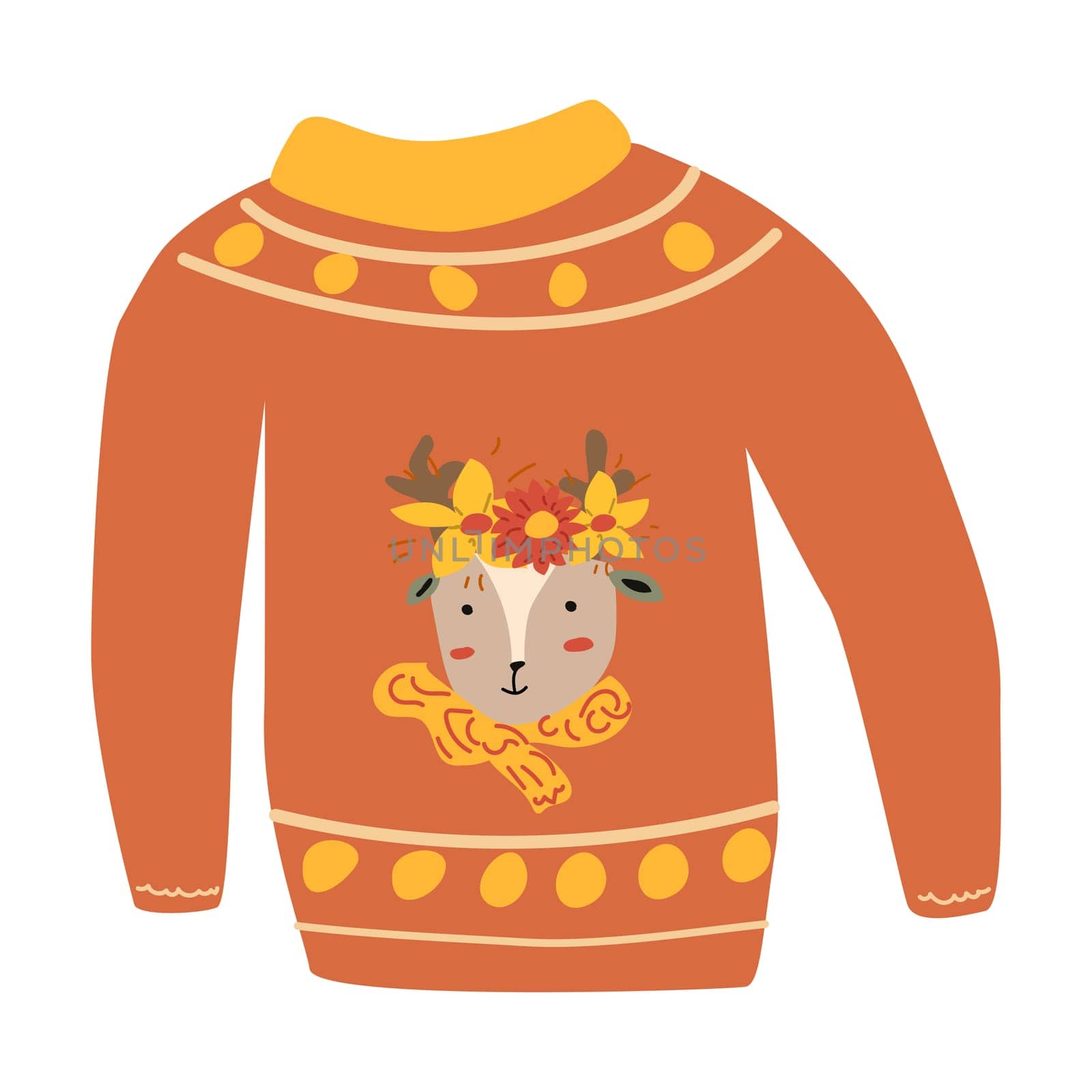 autumn fall sweater with leaves deer animal, hand drawn vector illustration for greeting card, invitations, stickers. Autumn wheater for banner or poster. Deer with wreath. Thanksgiving cloth isolated.