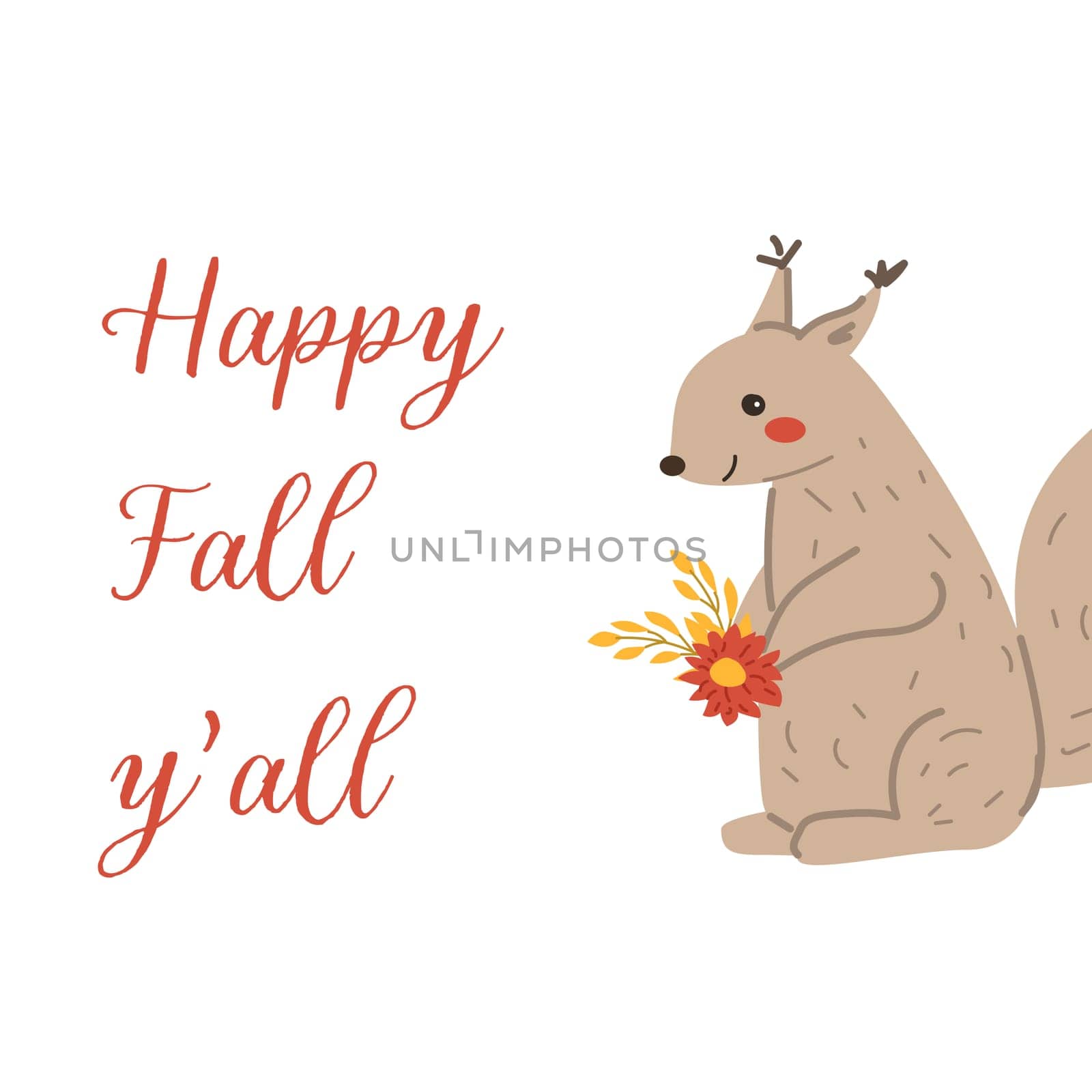 Autumn fall thanksgiving animal character with fall leaves and harvest. Wild animal greeting card for thanksgiving holiday, autumn festival, harvest celebration design.