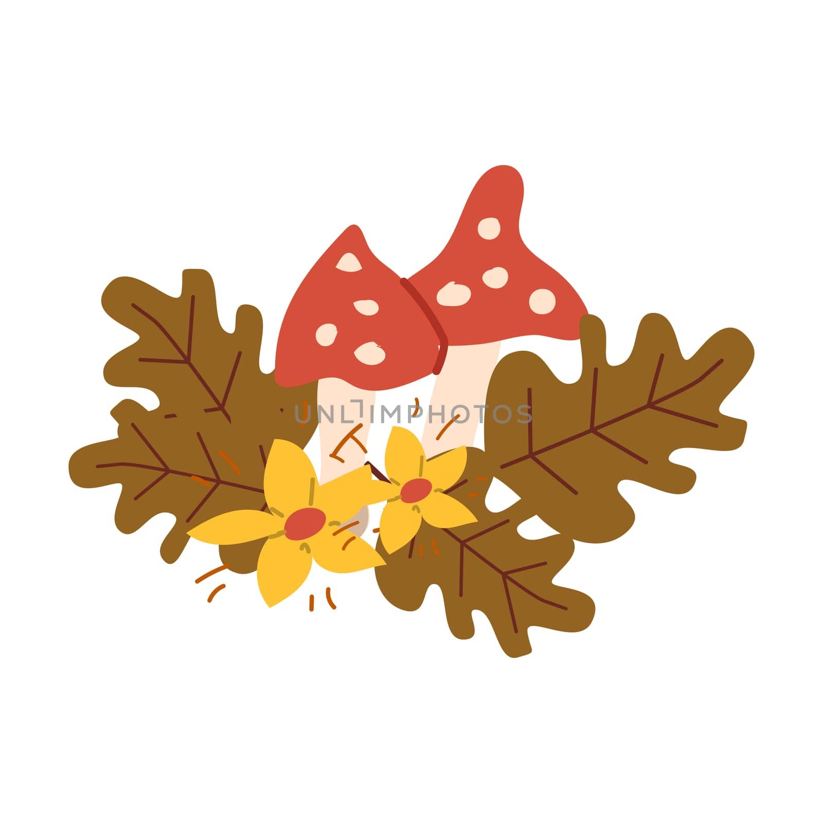 Autumn fall thanksgiving leaves composition for decoration, holiday greeting cards elements with mushroom and flowers