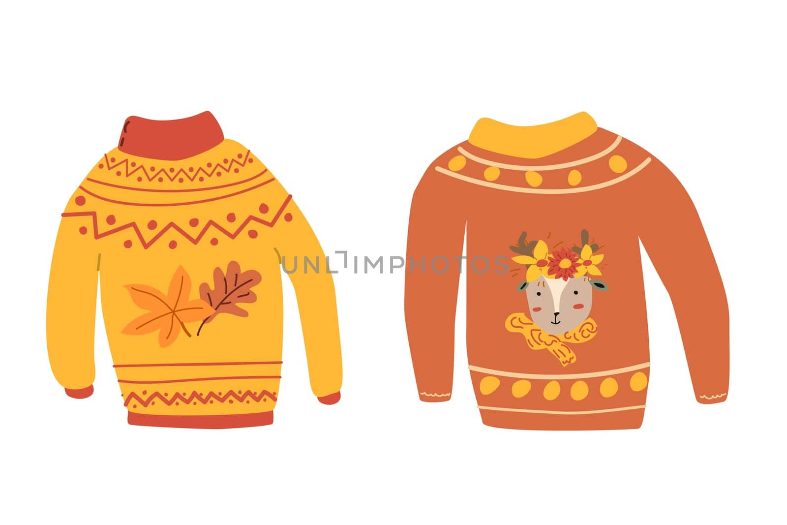 autumn fall sweaters with leaves set, hand drawn vector illustration for greeting card, invitations, stickers. Autumn wheater for banner or poster. Deer with wreath. Thanksgiving cloth isolated.