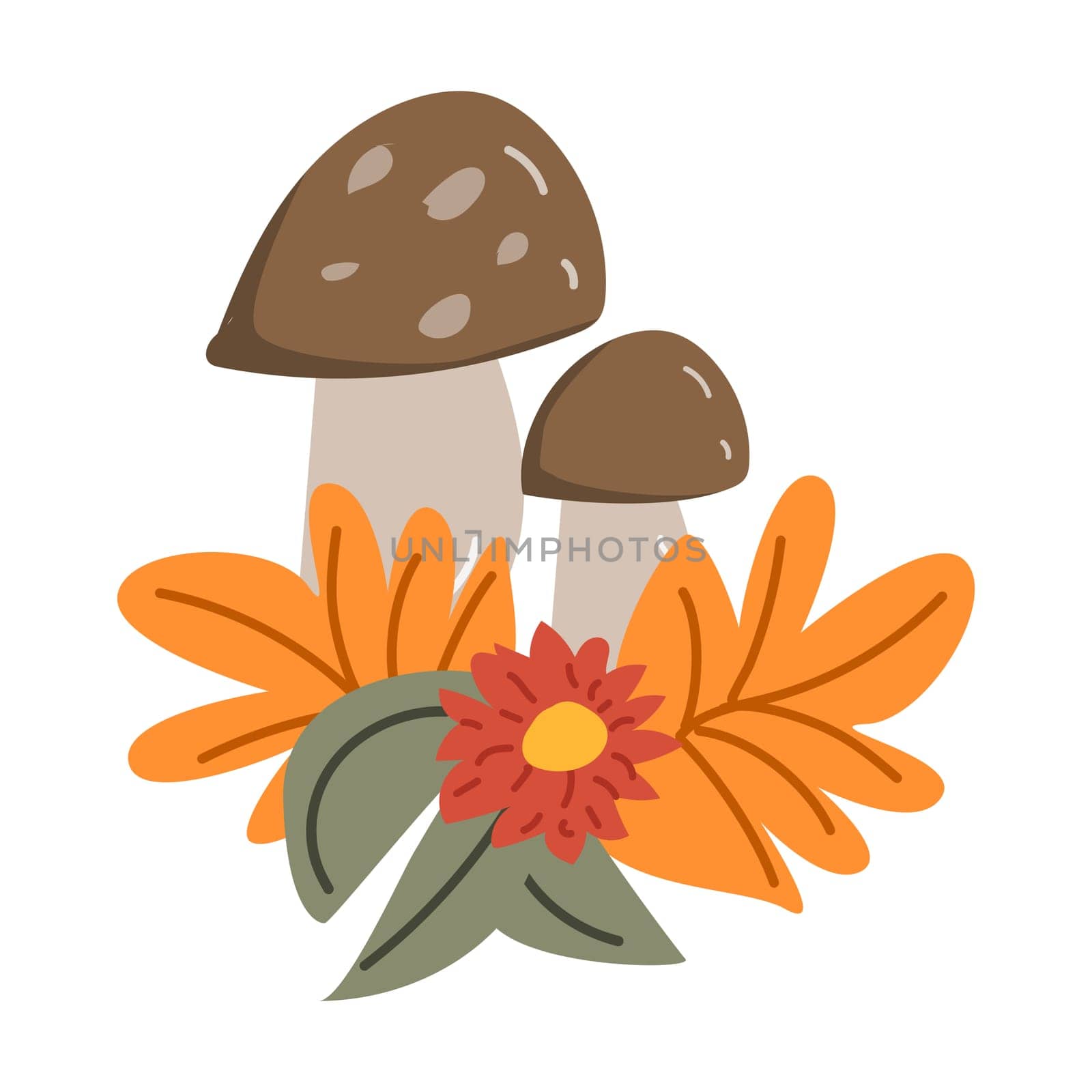 Autumn fall thanksgiving leaves composition for decoration, holiday greeting cards elements with mushroom and flowers