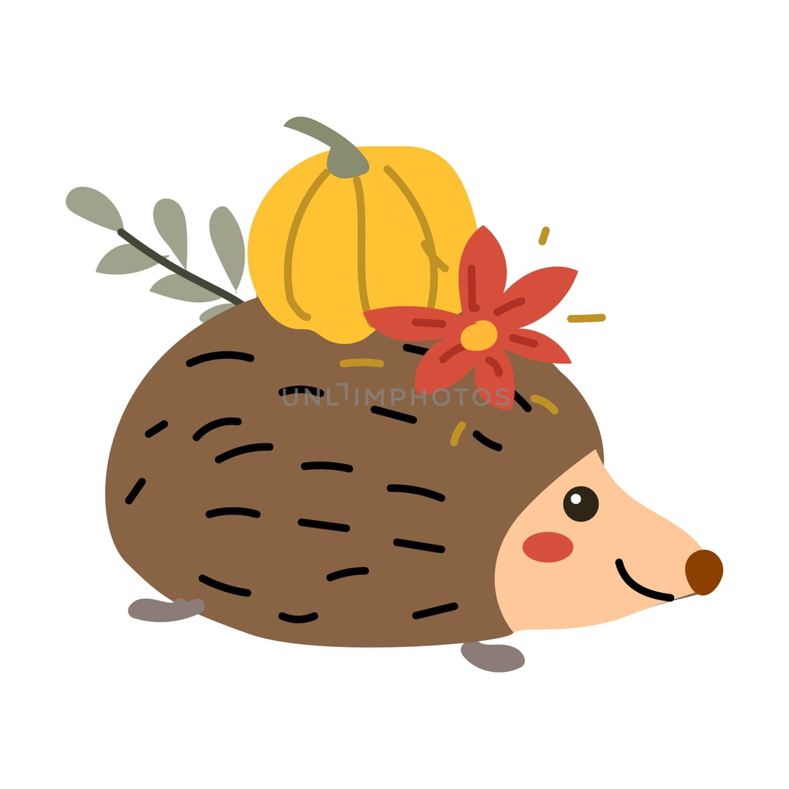 Autumn fall thanksgiving animal character with fall leaves and harvest. Wild animal greeting card for thanksgiving holiday, autumn festival, harvest celebration design.