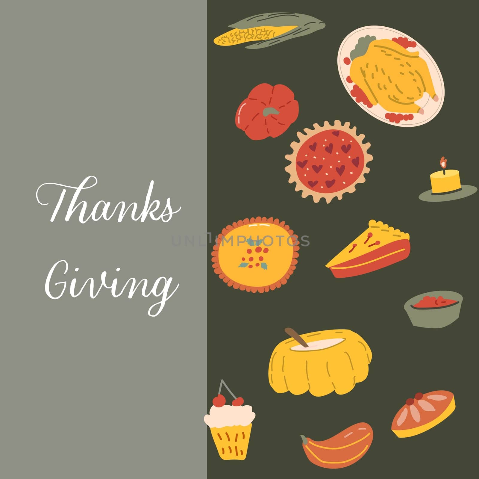 Autumn fall thanksgiving day banner or greeting card with leaves. Celebration design for harvest festival, thanks with food and flower autumn border. Fall thanksgiving day background.