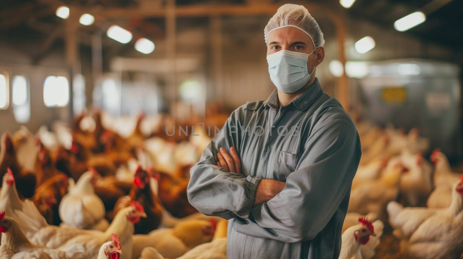 Bird flu virus outbreak, farmer with chicken, Avian influenza, infectious disease spreading to mammals and humans, sick animals