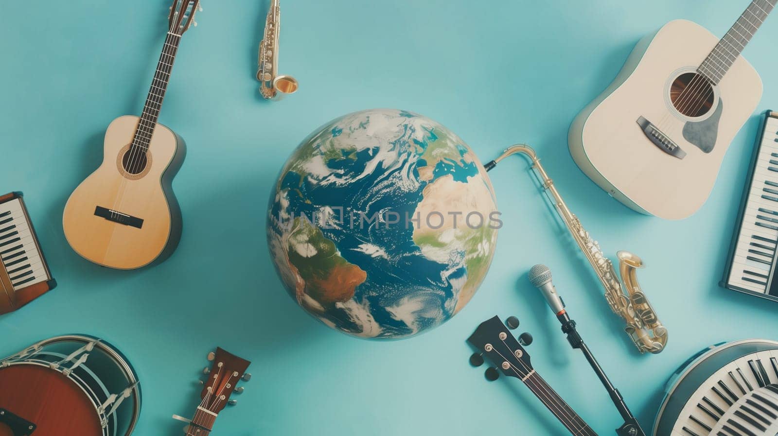 Planet earth with instruments, international music day, listening to global sound and acoustic wave, guitar, piano and drums