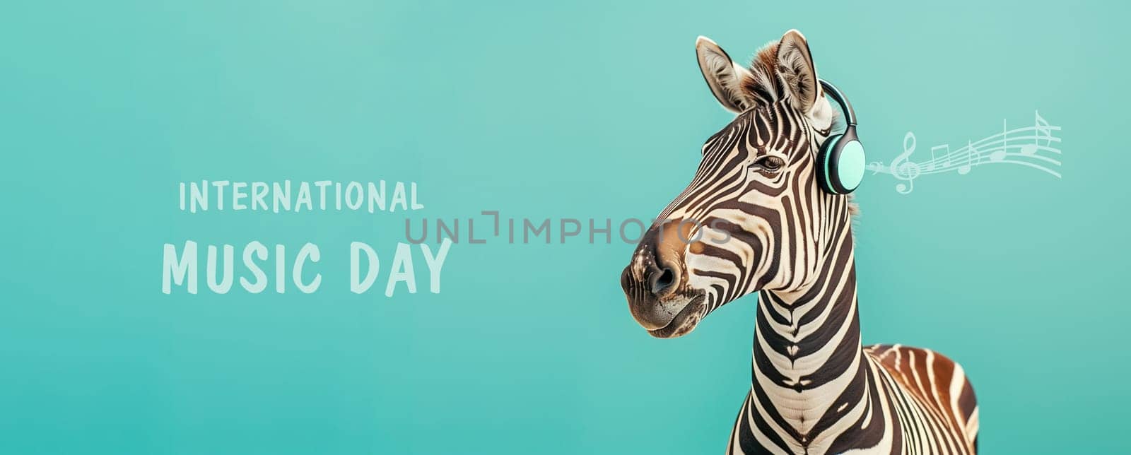 Zebra with headphone, international music day, listening to sound and acoustic wave, love and emotion, funny animal, blue background