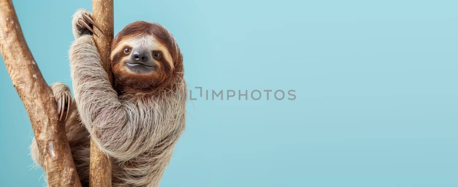 Sloth climbing a tree trunk, funny jungle animal, blue background, hanging on a branch