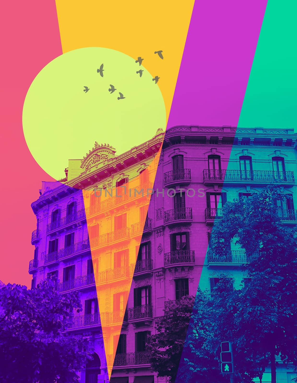 Facade of an old apartment building in the Barcelona, Catalonia, Spain at Europe - art collage or design