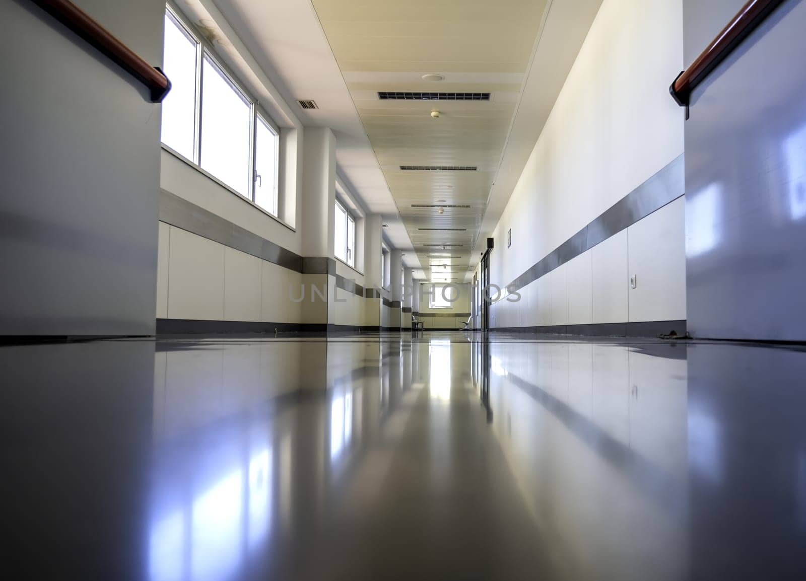 Detail of long hospital corridor, hygiene and sanitation