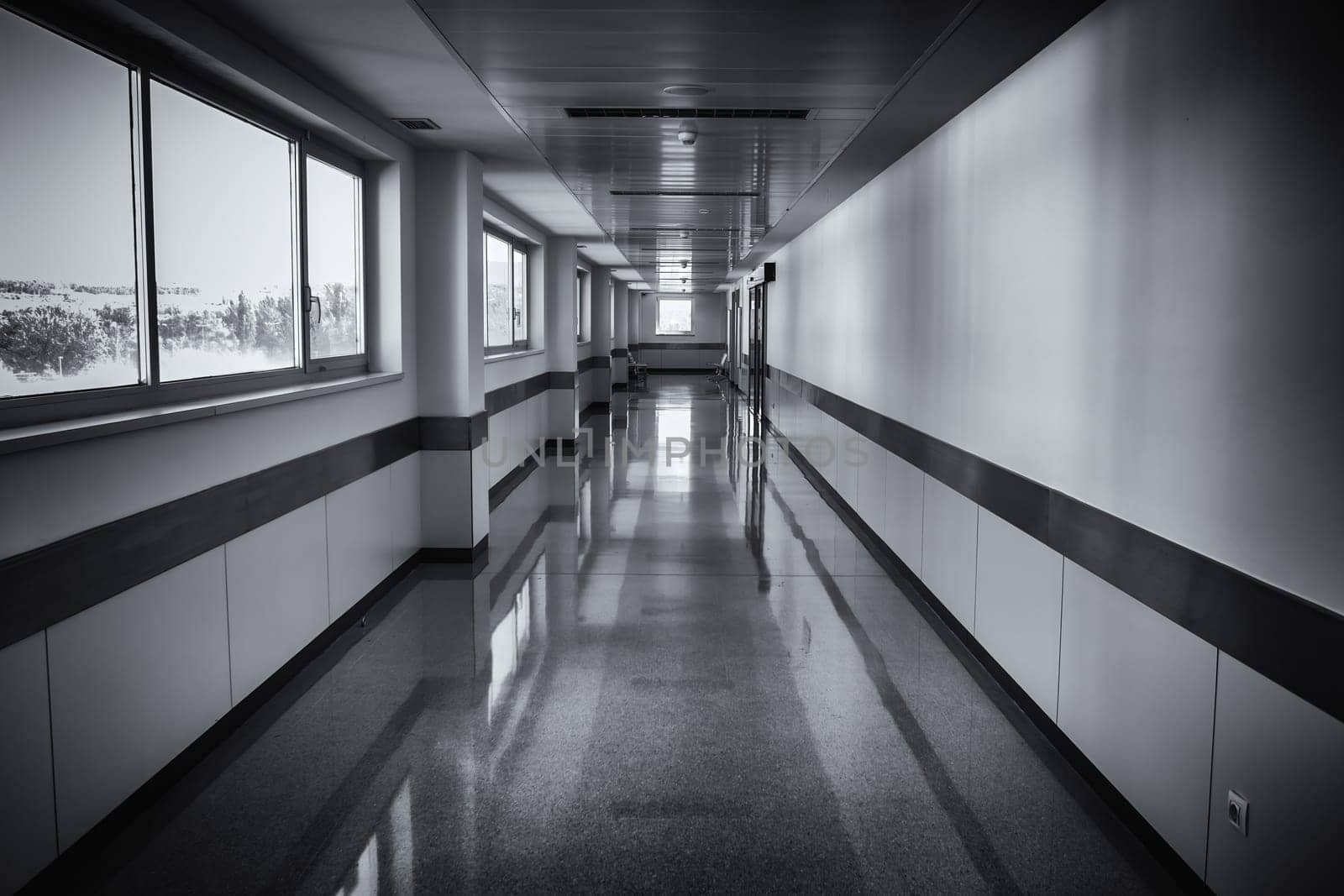 Detail of long hospital corridor, hygiene and sanitation