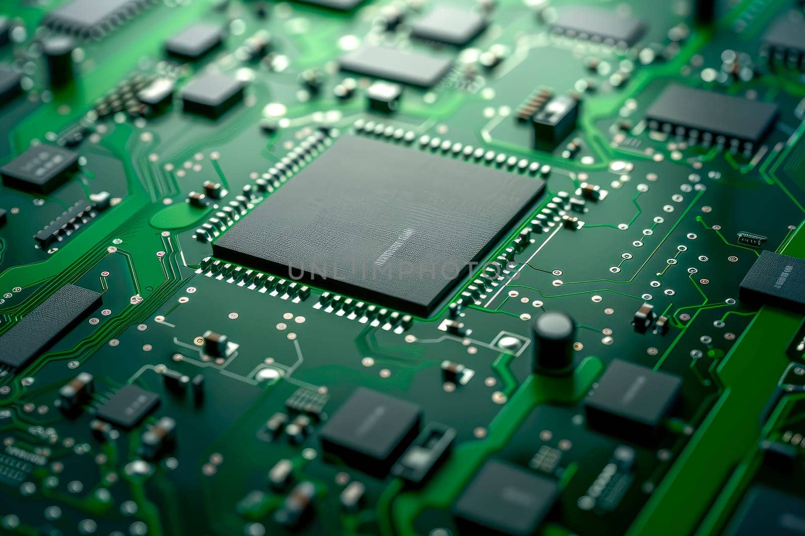 Green electronic circuit board. Printed Circuit Board with  electrical components close-up view. AI generated