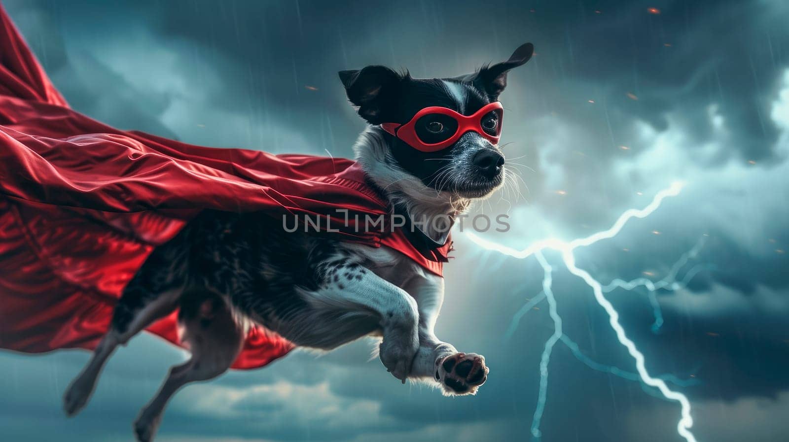 Superhero dog with a red cloak and eye mask flying in stormy sky with ligthnings. AI generated