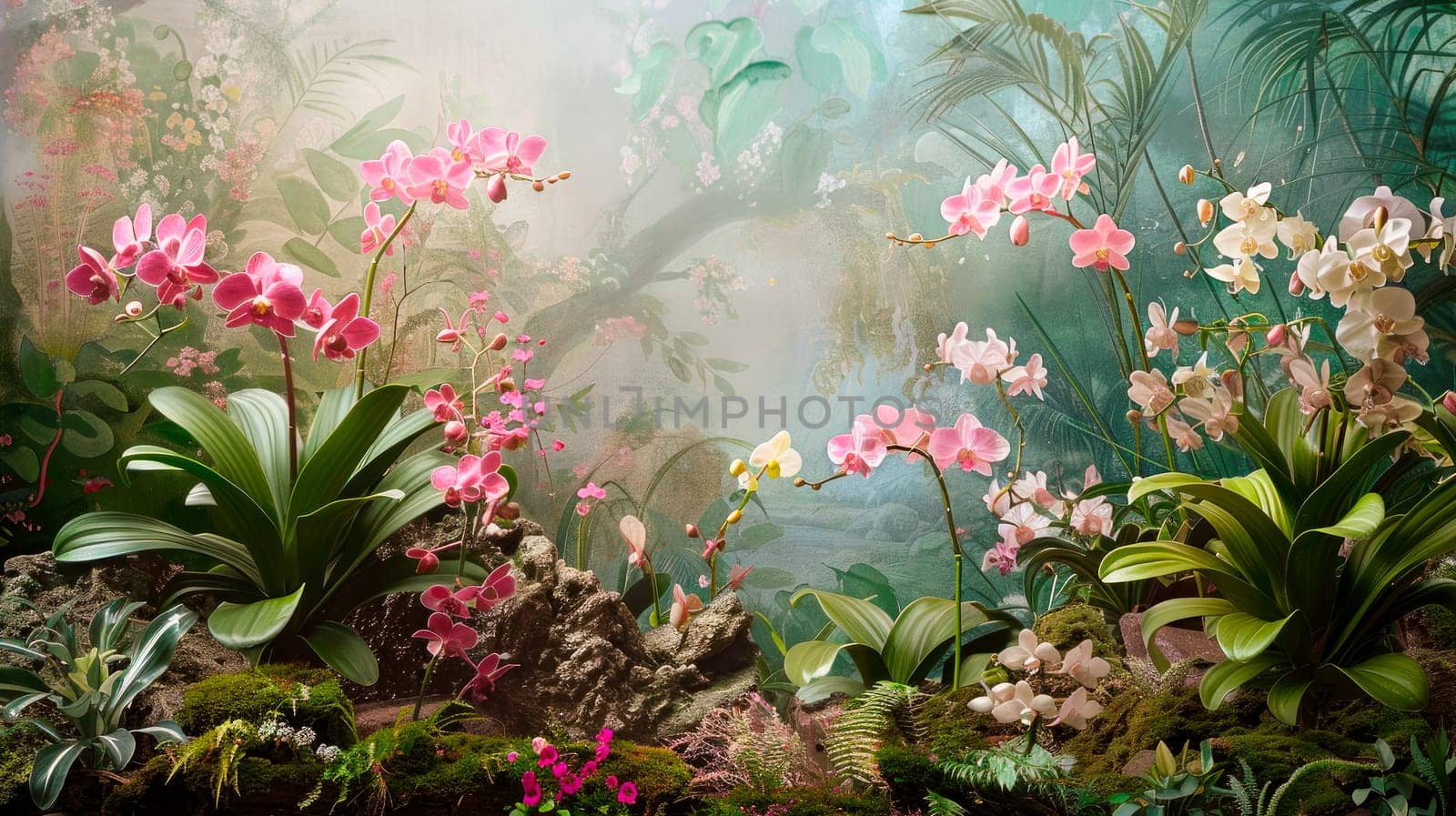 Flowering Orchid garden in tropics . AI generated
