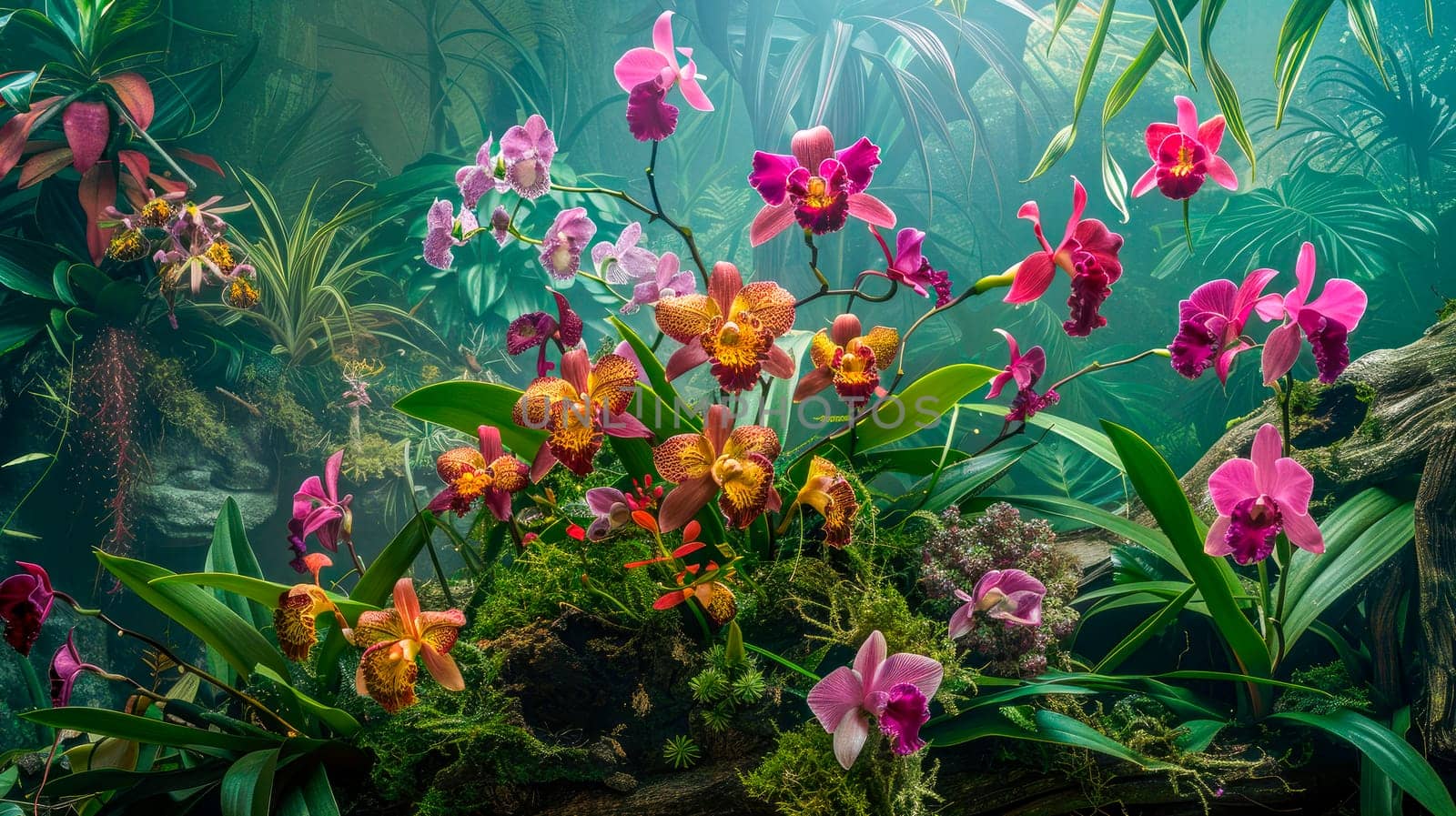 Flowering jungle orchids in a tropical forest. AI generated