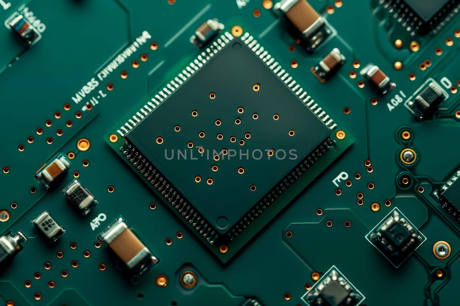 Green electronic circuit board close-up view. Printed Circuit Board with  electrical components. AI generated
