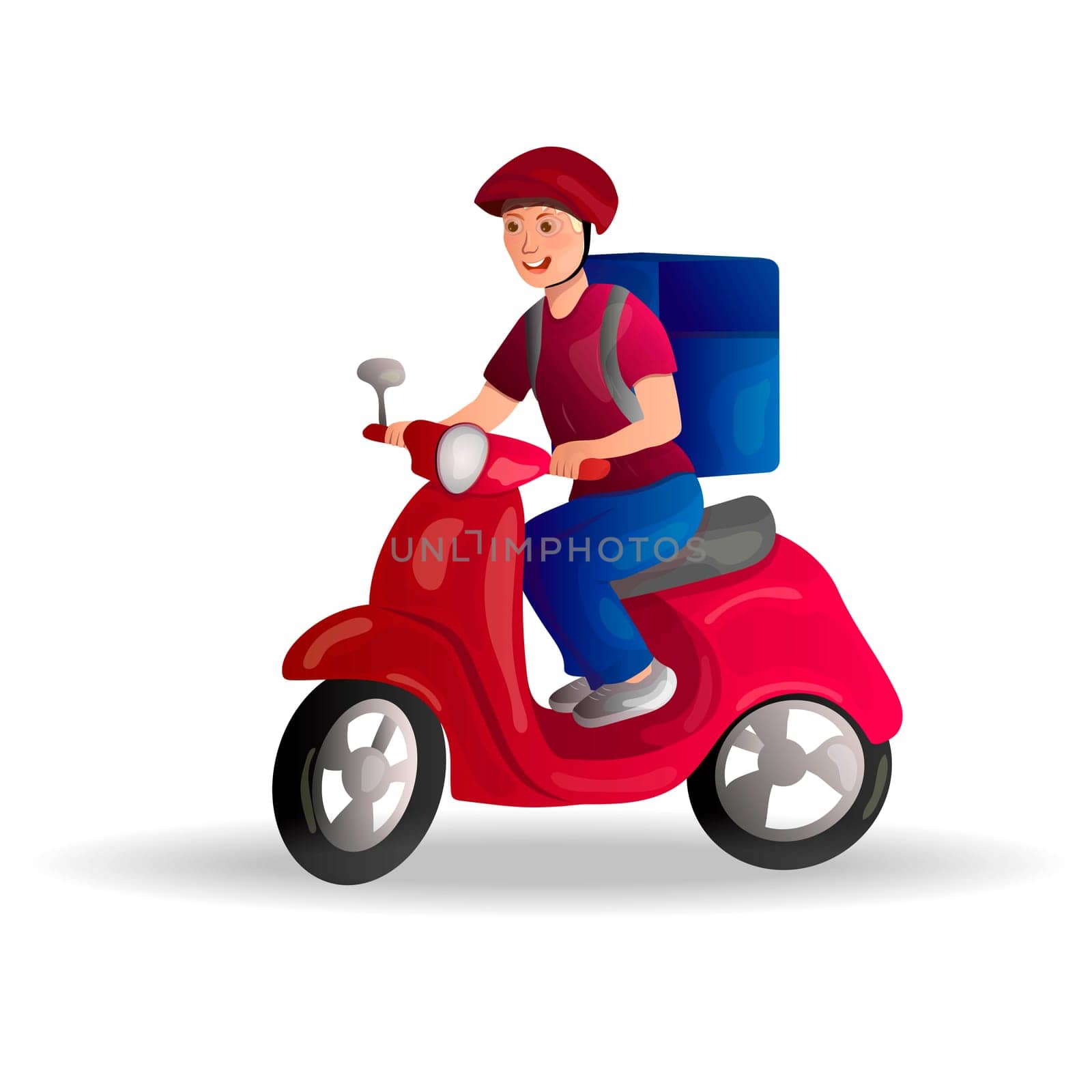 Food delivery service. A man on a scooter with a large bag on his back. Vector illustration.