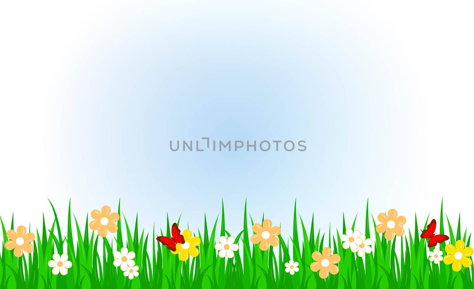 Universal nature background with grass, flowers, butterflies with copy space. Vector illustration.