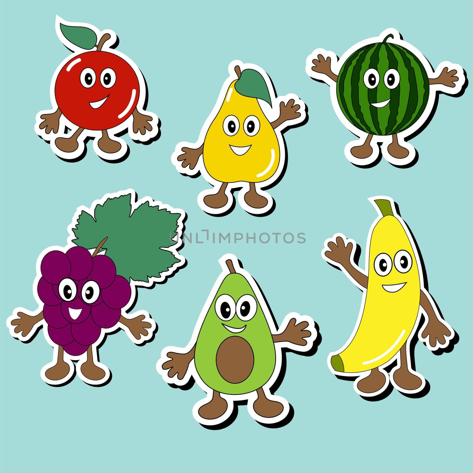 Set of stickers. Cartoon fruits. Vector illustration. Isolated objects.