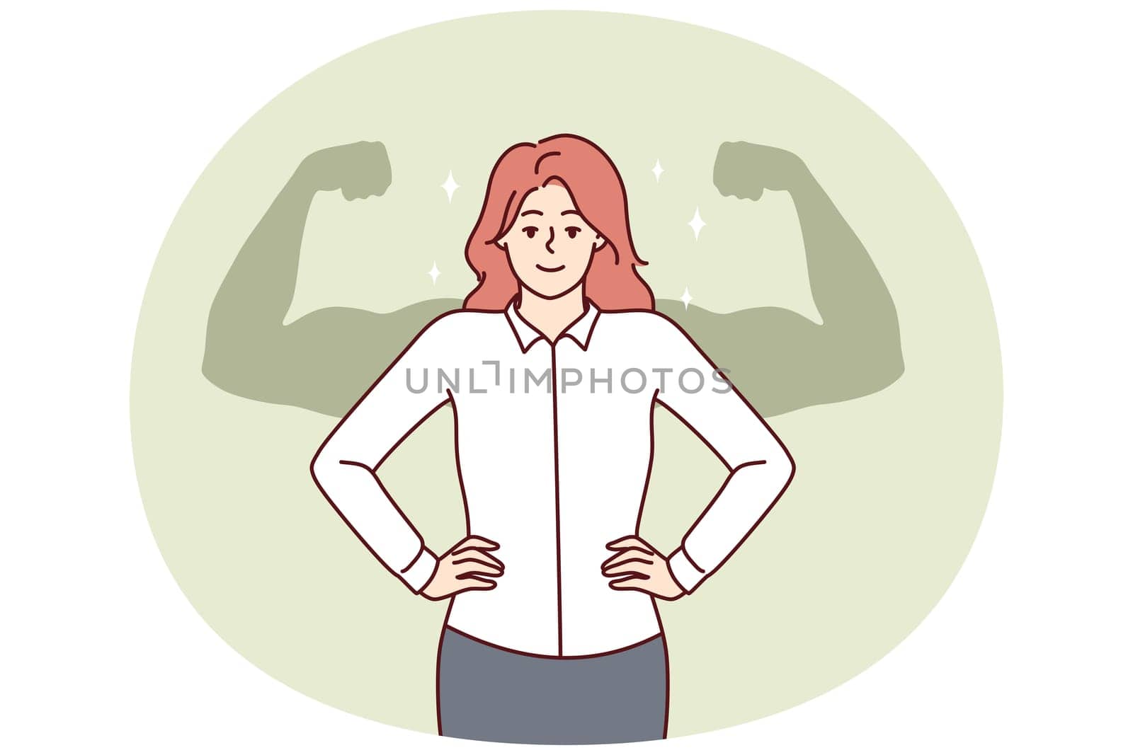 Successful businesswoman stands with hands on waist imagining giant muscular arms behind back. Businesswoman feels strength and leadership skills after gaining new knowledge or training for management