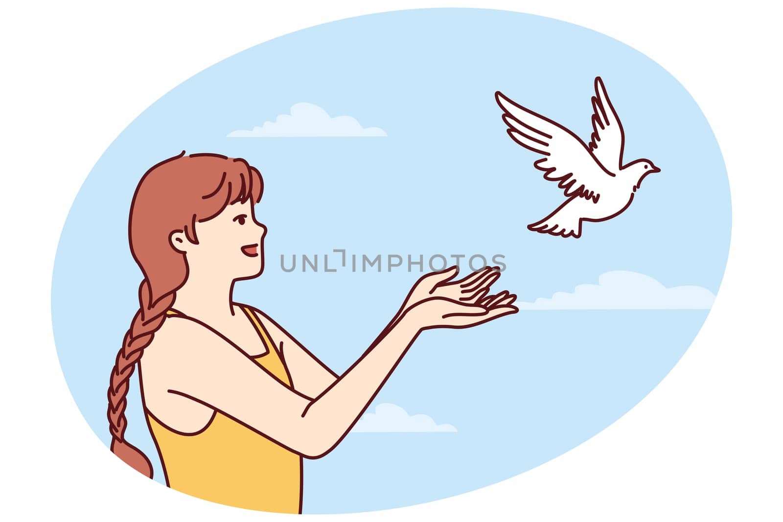 Little girl volunteers teenager sets dove free and lets bird fly towards sky for family reunion. Dove symbolizes peace and prosperity or activism to protect animal birds locked in cages