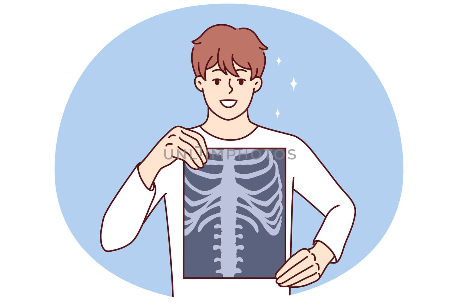 Man applies x-ray film to chest to prove absence of cancerous tumor or spinal injury. Guy with x-ray picture after fluorography procedure made under control of doctor radiologist in hospital