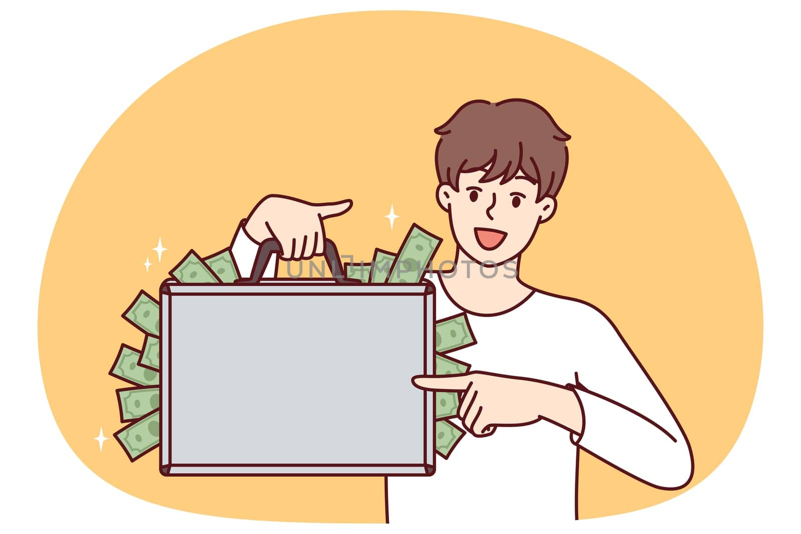 Happy man with suitcase full of money showing off big profits from own business or cash won at casino. Rich guy who made lot of money after selling real estate or received unexpected inheritance