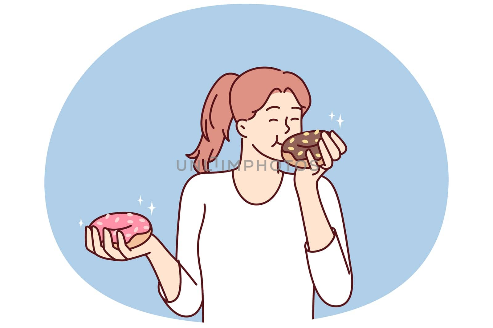 Satisfied beautiful girl eats donuts bought in store with fresh pastries and sweet desserts. Woman eats high-calorie buns covered with sugar icing enjoying donuts from fast food restaurants