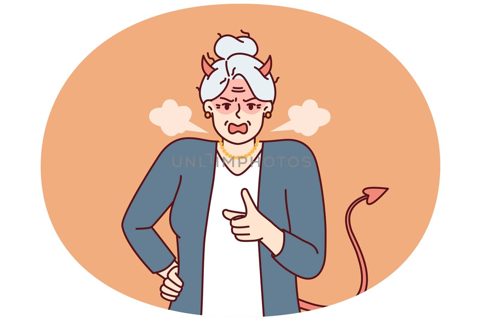 Elderly woman with horns and devil tail screams and points with finger, scolding and threatening opponent. Gray-haired woman pensioner in image of devil feels hatred for concept of senile aggression