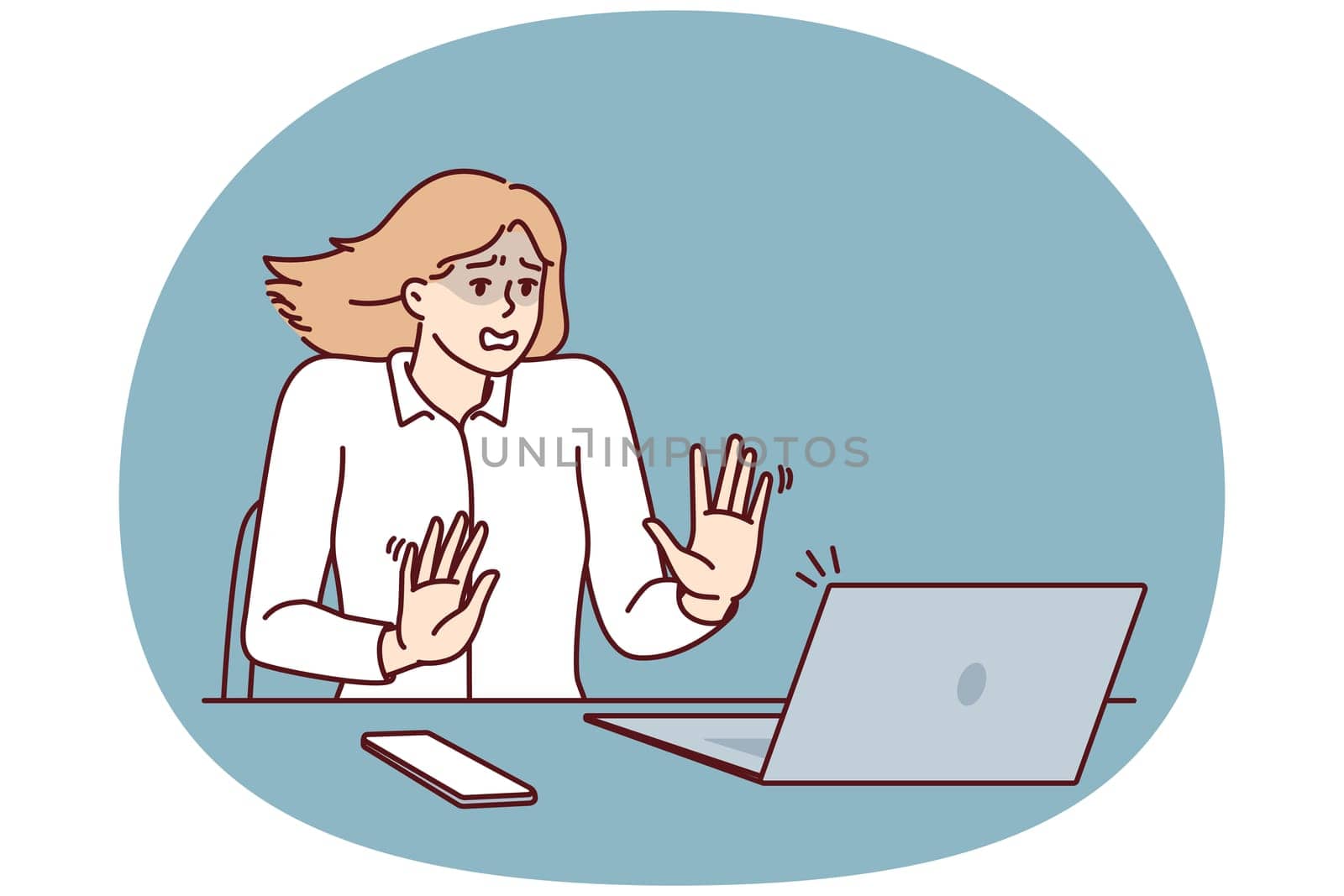 Frightened businesswoman sitting at table and looking at laptop after seeing cash gap notice in own company. Shocked businesswoman after error or notification about presence of viruses in computer