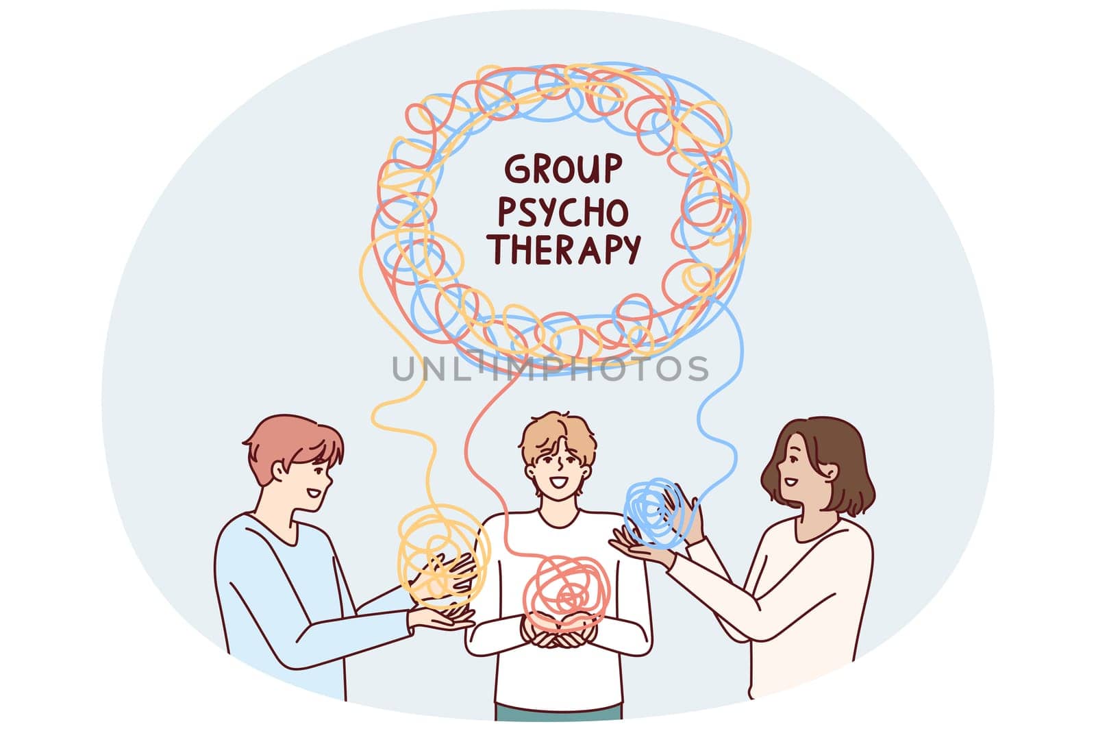 Men in group psychotherapy session trying to solve mental problems at psychiatrist appointment. People at psychotherapist consultation use group techniques for mental health treatment