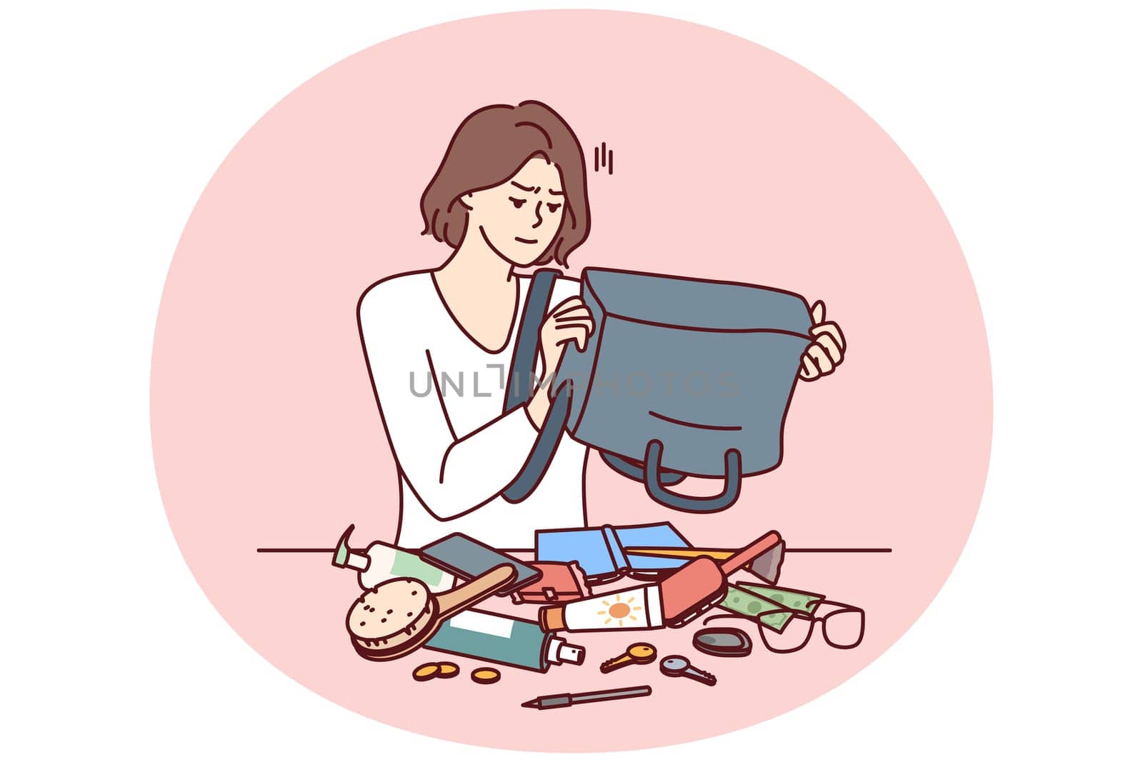 Puzzled woman shakes out contents of bag on table trying to find wallet with money or mobile phone. Girl is embarrassed because of mess in bag causing inconvenience and loss of wallet
