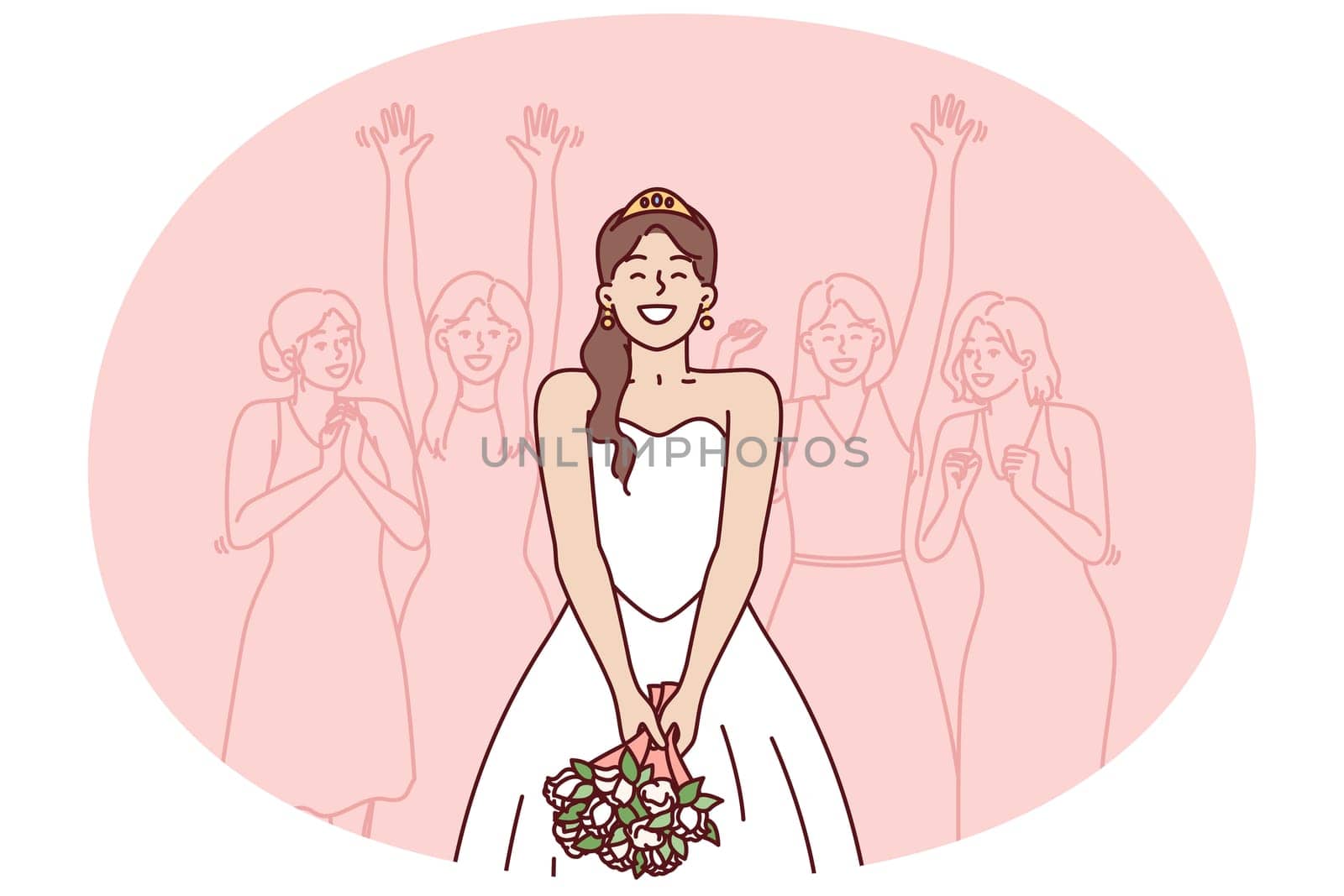 Happy bride preparing to throw bouquet flowers performs traditional ritual for wedding party. Woman in wedding dress stands with back to female girlfriends who want to get married as soon as possible