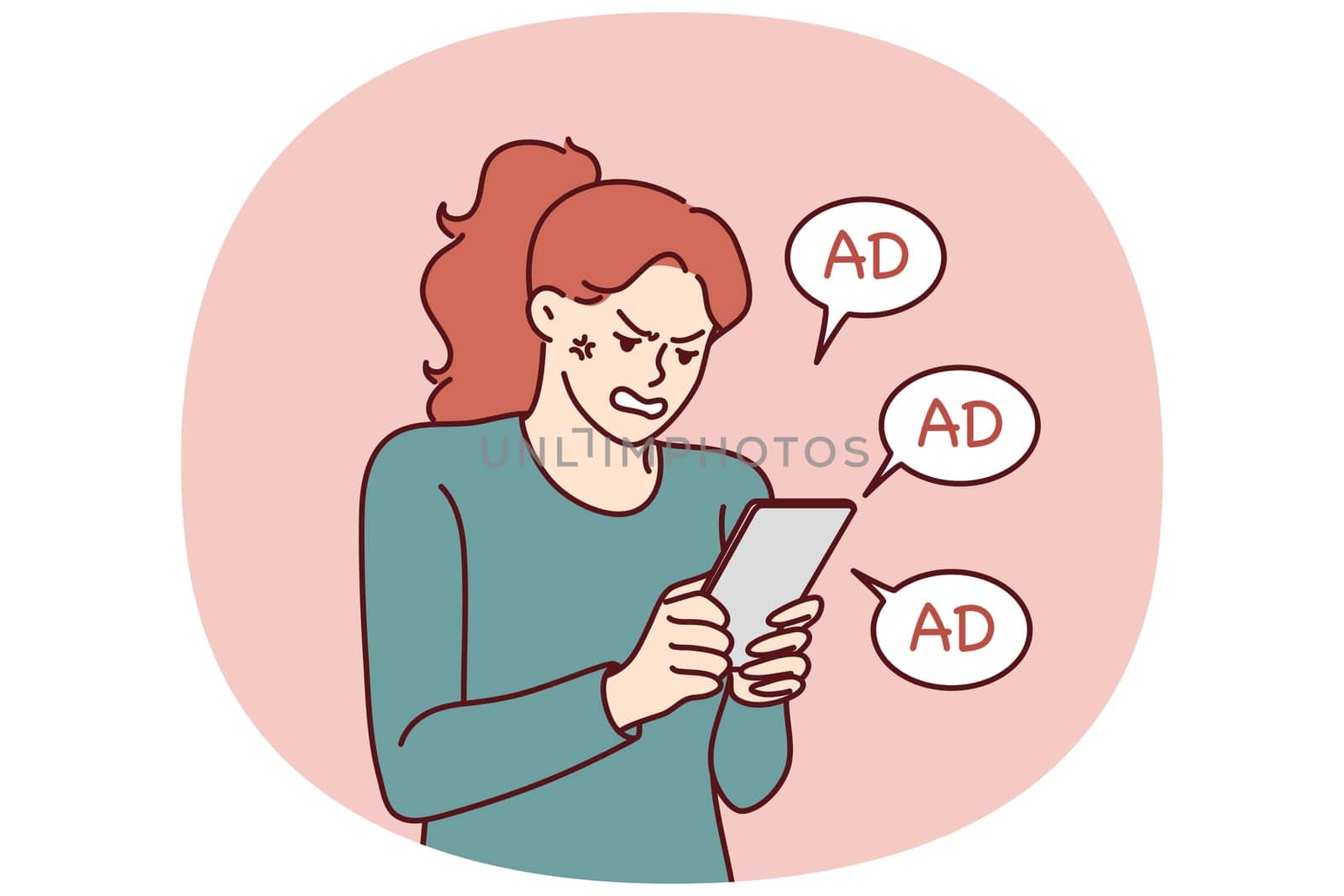 Woman is angry after receiving another promotional message from store using spam to attract new customers. Girl with tablet is nervous because of spam preventing from playing game or reading article