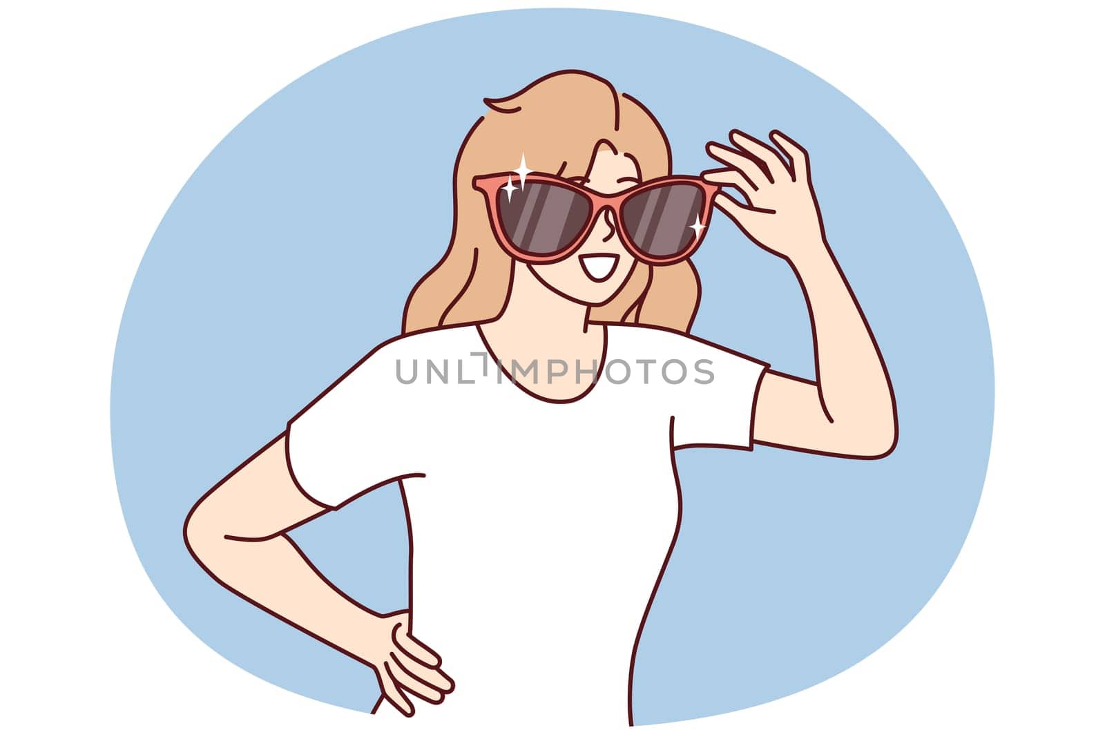 Happy woman with giant sunglasses on face smiles and looks around looking for acquaintances. Positive girl in casual t-shirt of department sunglasses for going to beach or walking in summer park