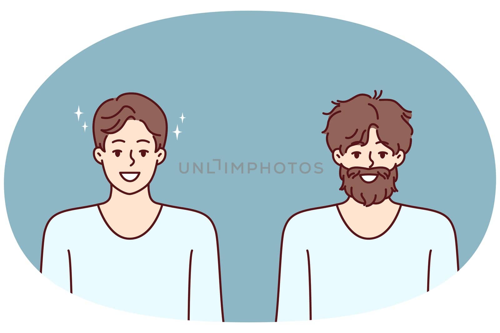 Man before and after going to barbershop to professional stylist for hair and beard care. Man smiles demonstrating result of visiting barbershop and using high-quality or shaving foam