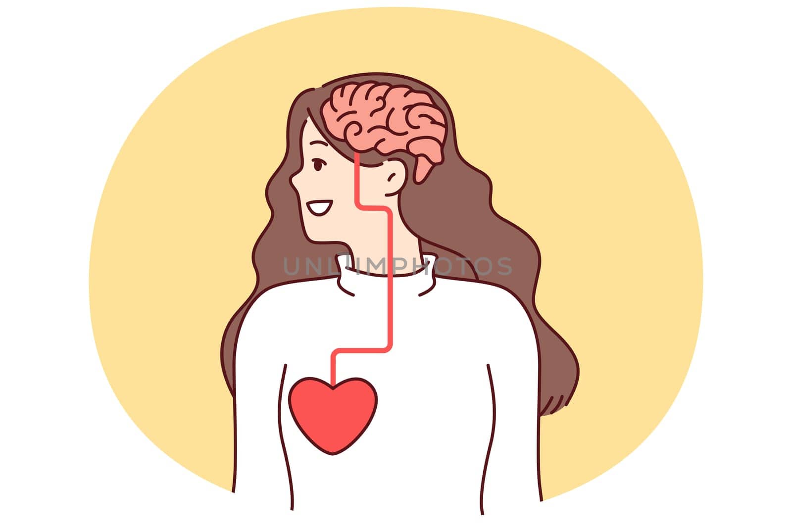 Woman looking away with visual demonstration of connection between brain and heart influencing person decision. Anatomical features of structure of body of woman for educational literature for doctors