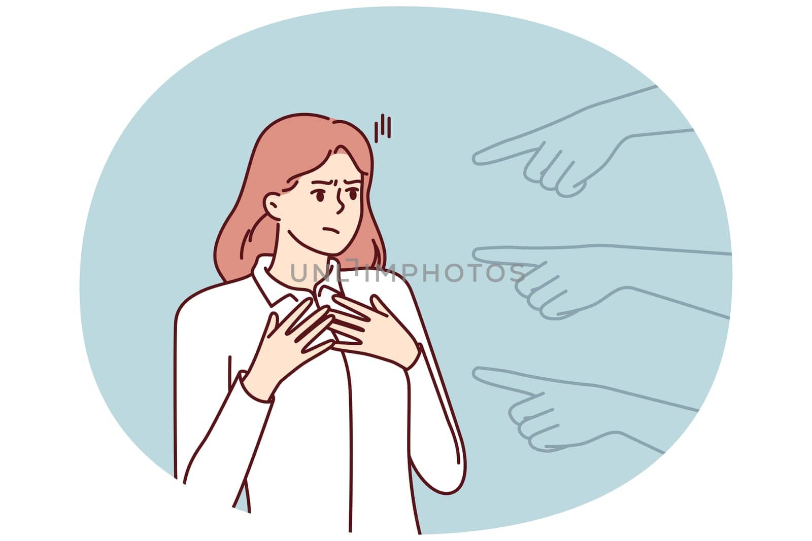 Hands pointing at puzzled girl for concept blame and condemnation person who made mistake. Unhappy girl suffers from unreasonable blame of colleagues or friends motivated by hatred or discrimination