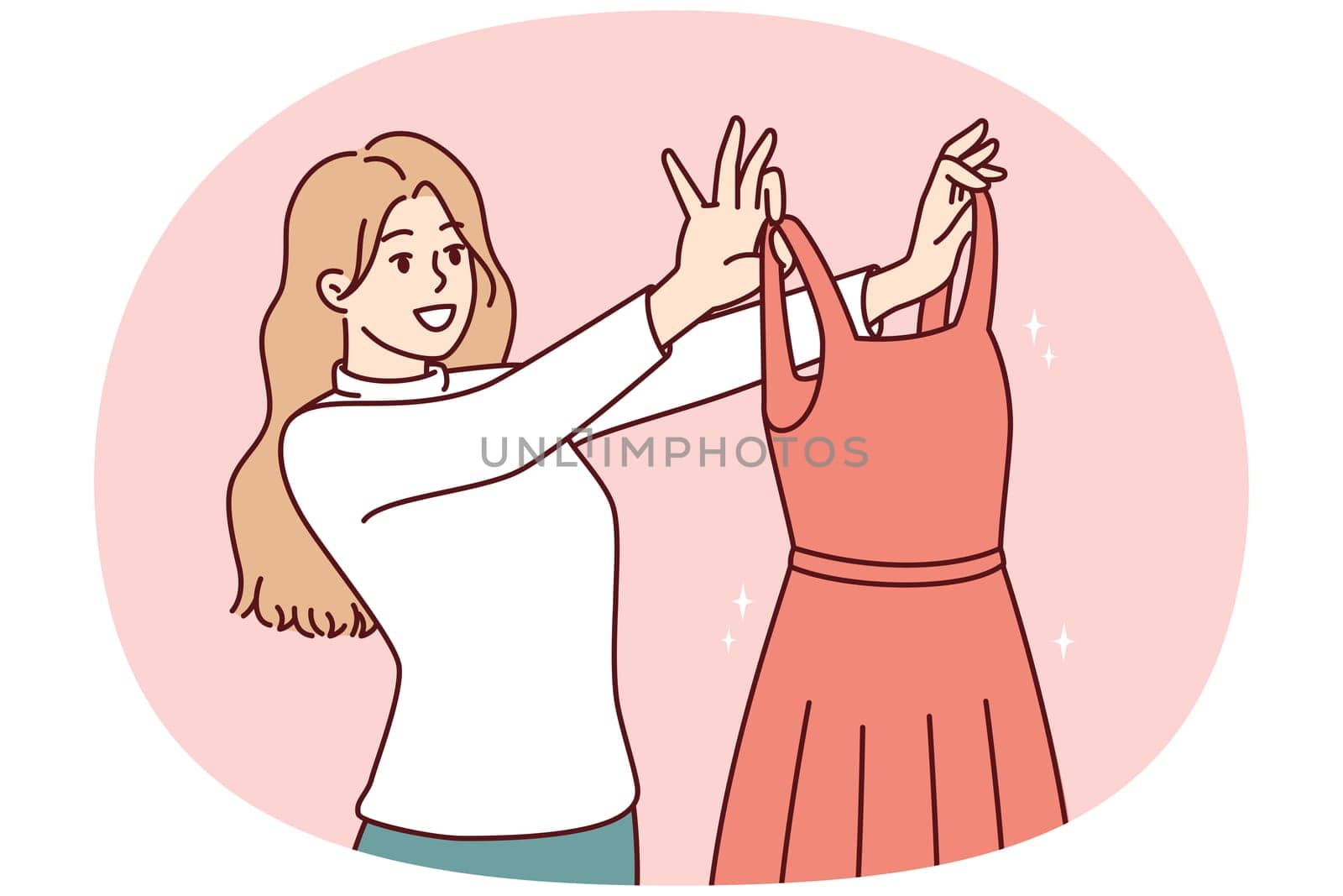 Woman examines beautiful evening dress choosing outfit for going to ball or festive party. Girl shopping in clothing store holds elegant dress from latest collection from famous fashion designer
