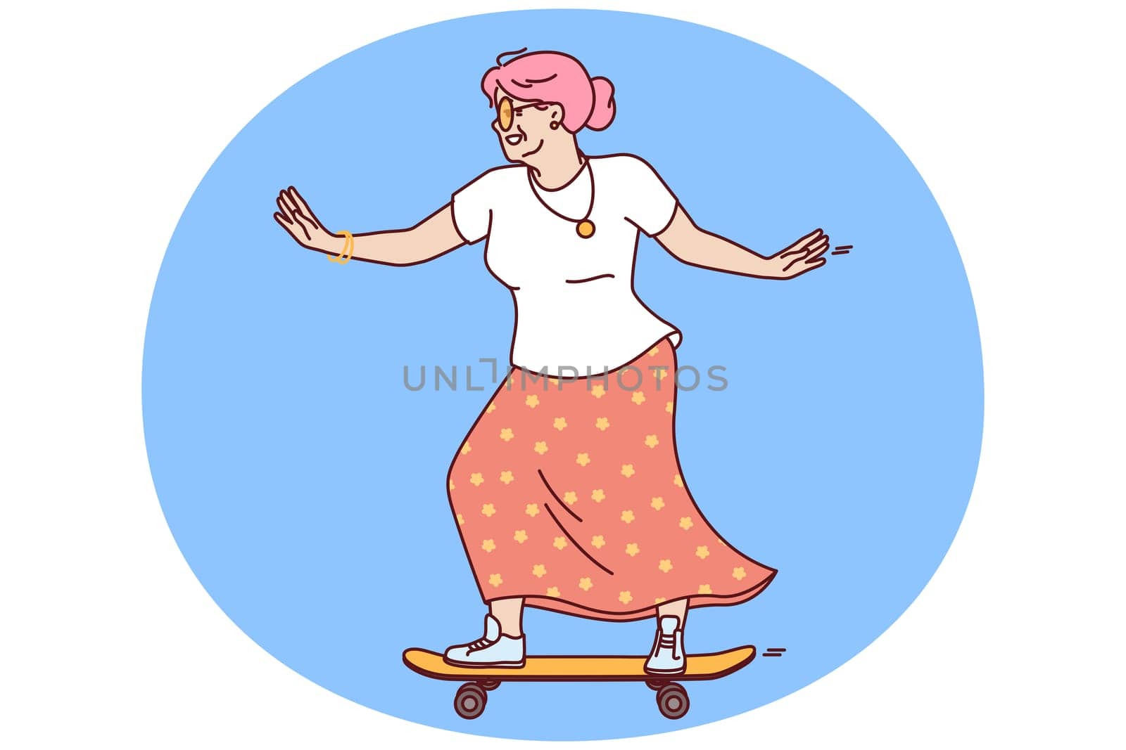 Older woman rides skateboard wanting to stay young and act like teenager heading to skatepark. Elderly woman with skateboard enjoys retirement age and lack of work responsibilities
