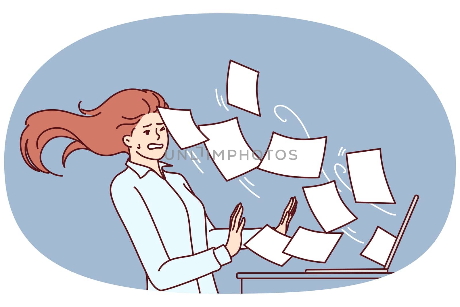 Woman working overtime is having trouble with large volume of documents or email flying out laptop screen. Secretary girl suffers from overtime and cannot cope with duties due to unprofessionalism