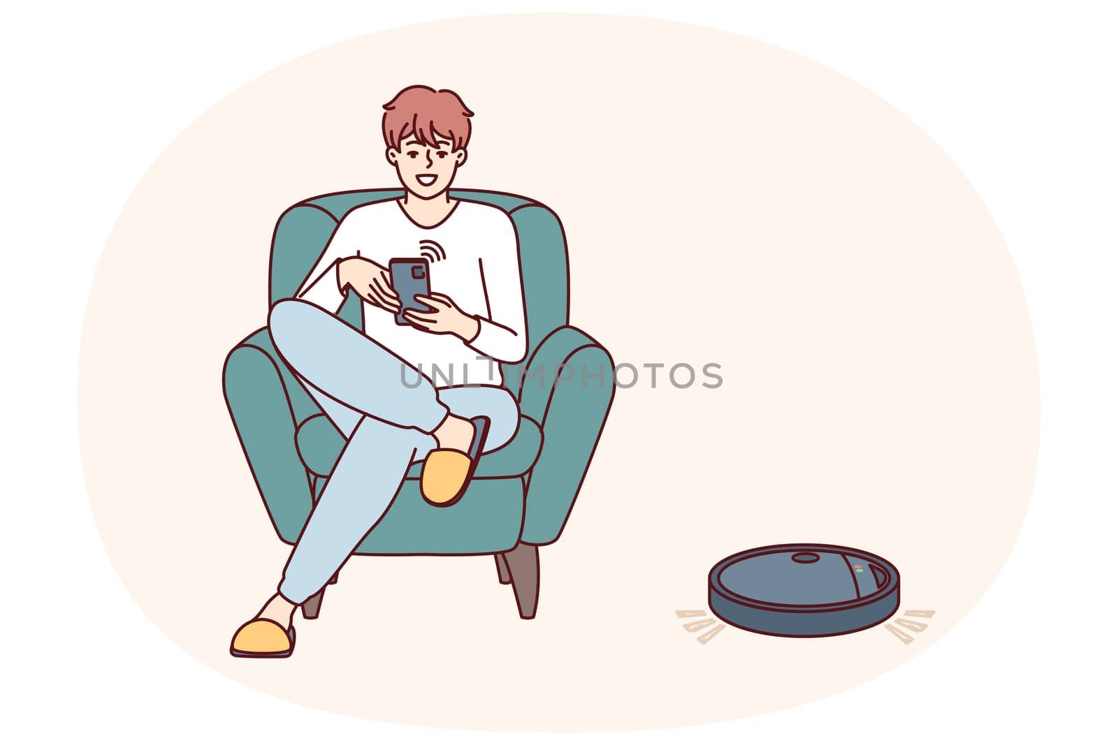 Robotic vacuum cleaner guided using mobile phone cleans floor in apartment near man sitting in chair. Robot vacuum cleaner with wi-fi chip is controlled via IOT and integrated into smart home system